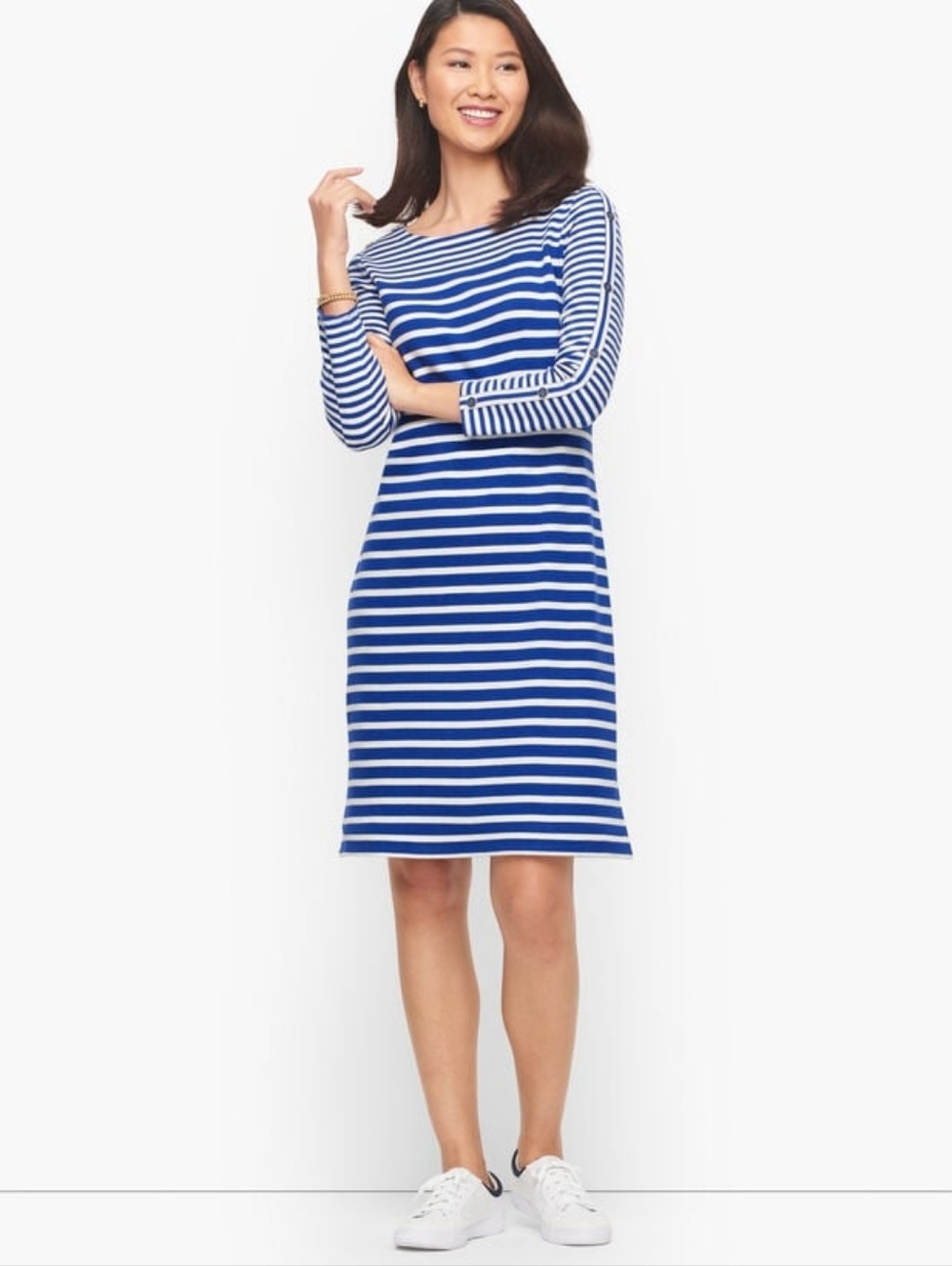 Talbots Nautical Blue White Striped Button Detail Preppy  Shift Dress Size Large